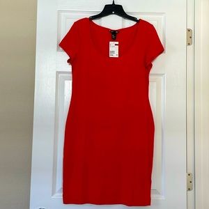 H&M BASIC RED, SCOOP NECK BODY-CON DRESS